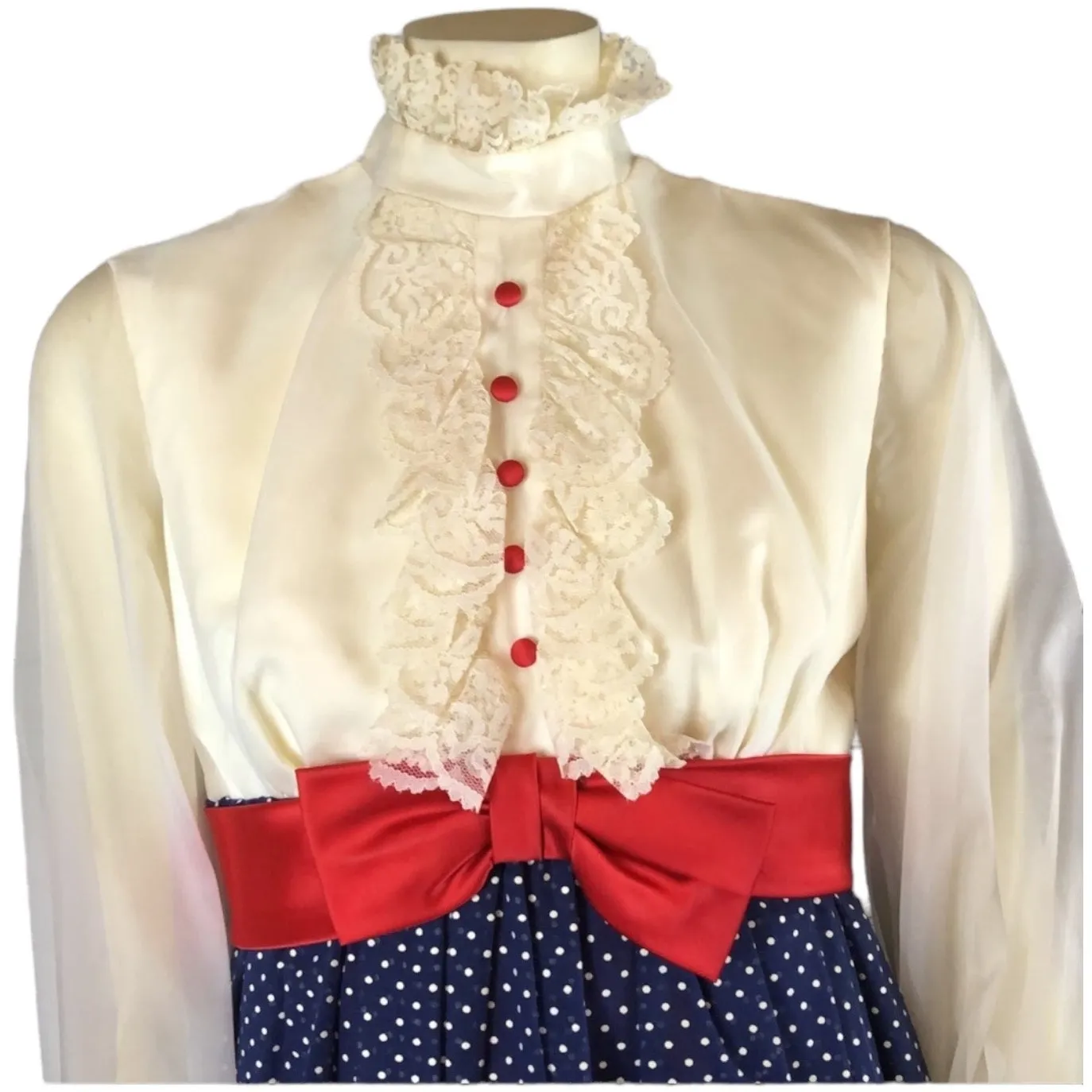 1970s Prairie Victorian Maxi Dress Sheer Sleeves Lace Bib & Red Bow small- med - Image 6