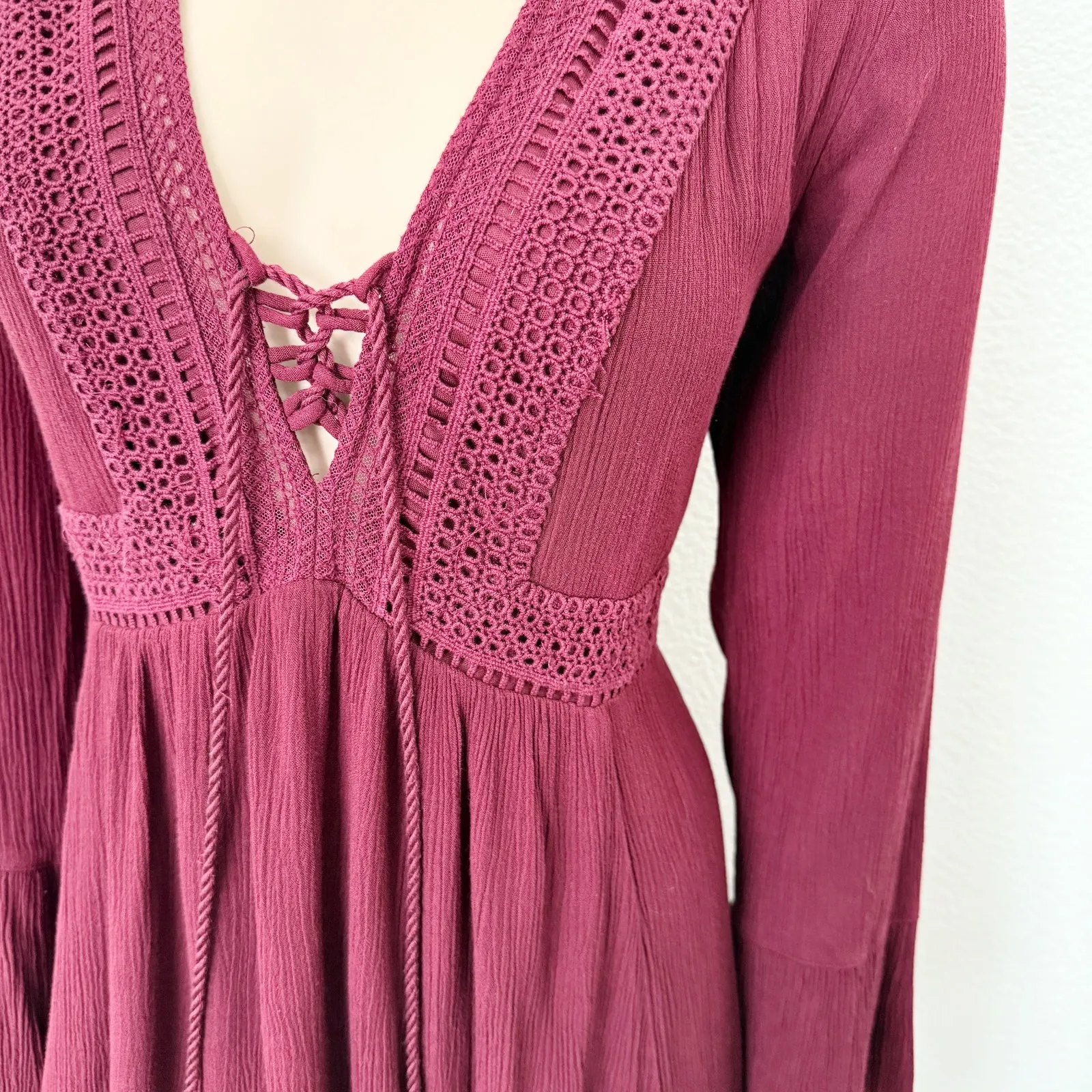 [Torrid] Burgundy Maroon Red Crinkle Gauze Lace Up Skater Boho Mini Dress Sz 1X - Image 10