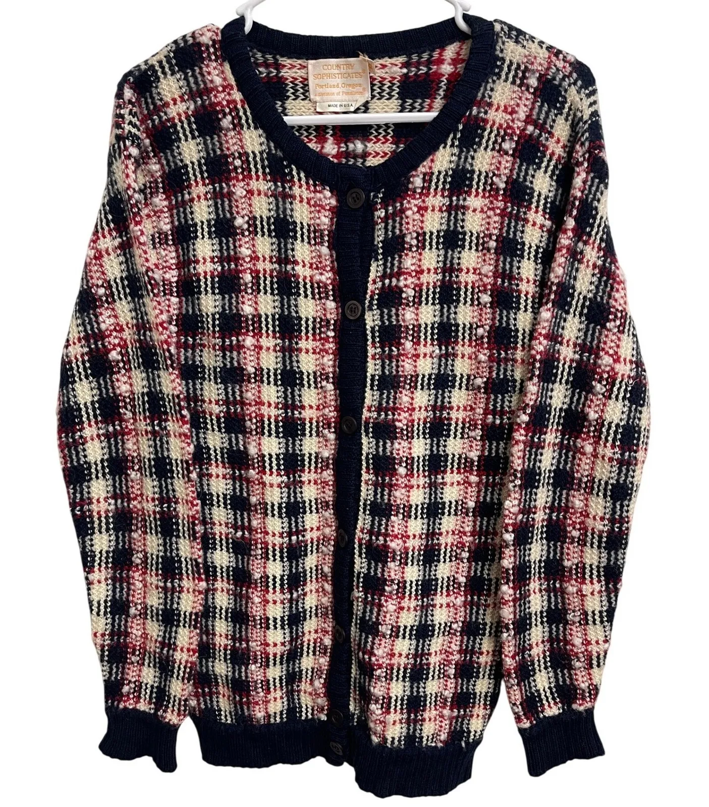 Vintage 80s Pendleton Plaid Wool Blend Cardigan Sweater Womens M Preppy Academia - Image 1
