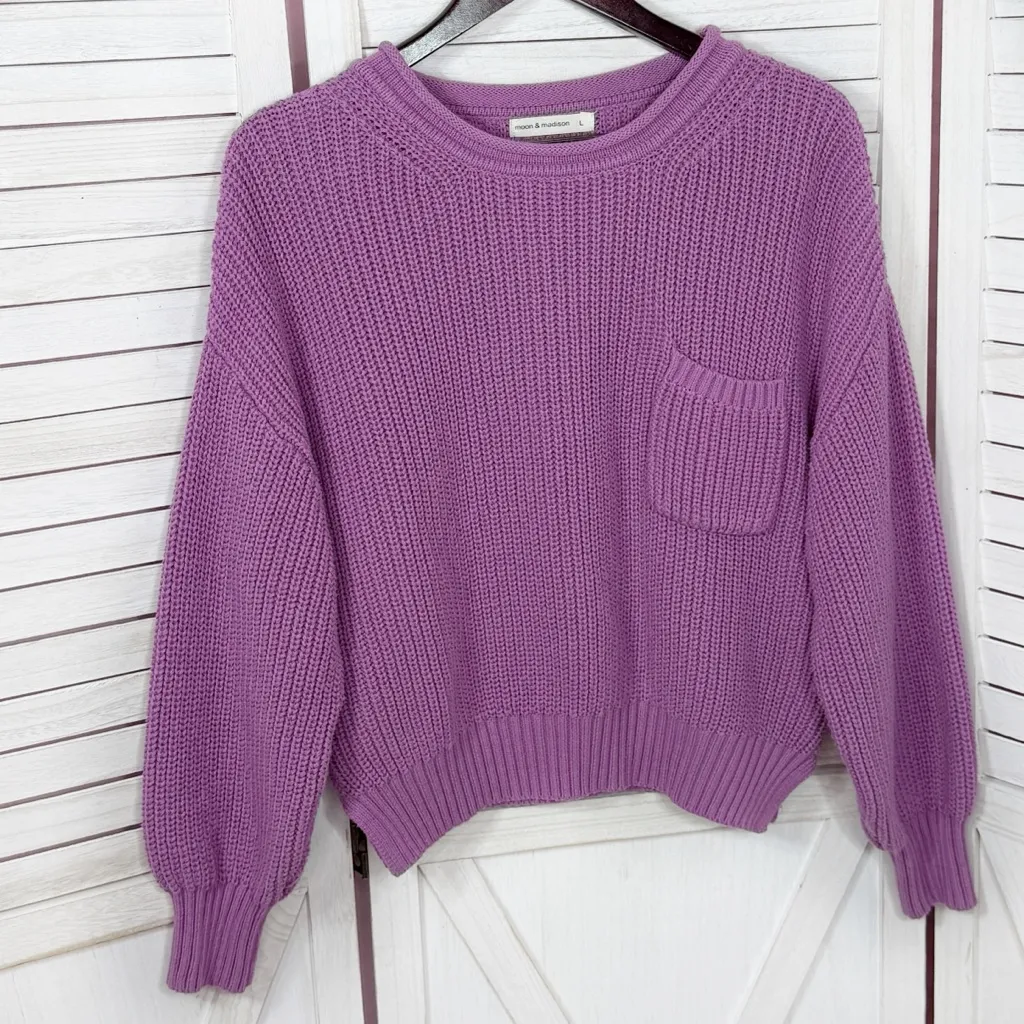 Moon & Madison Ribbed Shaker Knit Rolled Collar Pocket Crop Sweater Purple Large - Image 7