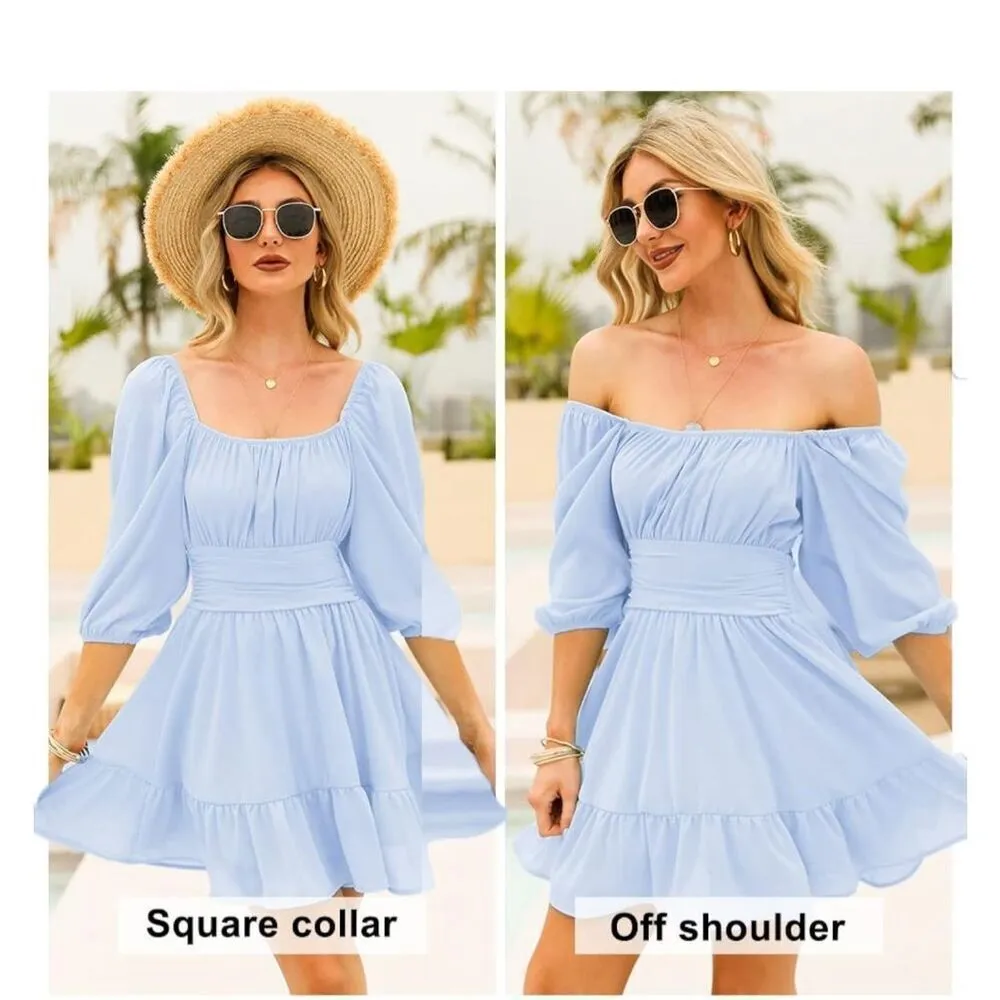 NEW Ruffle Dress Lantern Sleeve Square Neck Elastic Waist S - Image 2