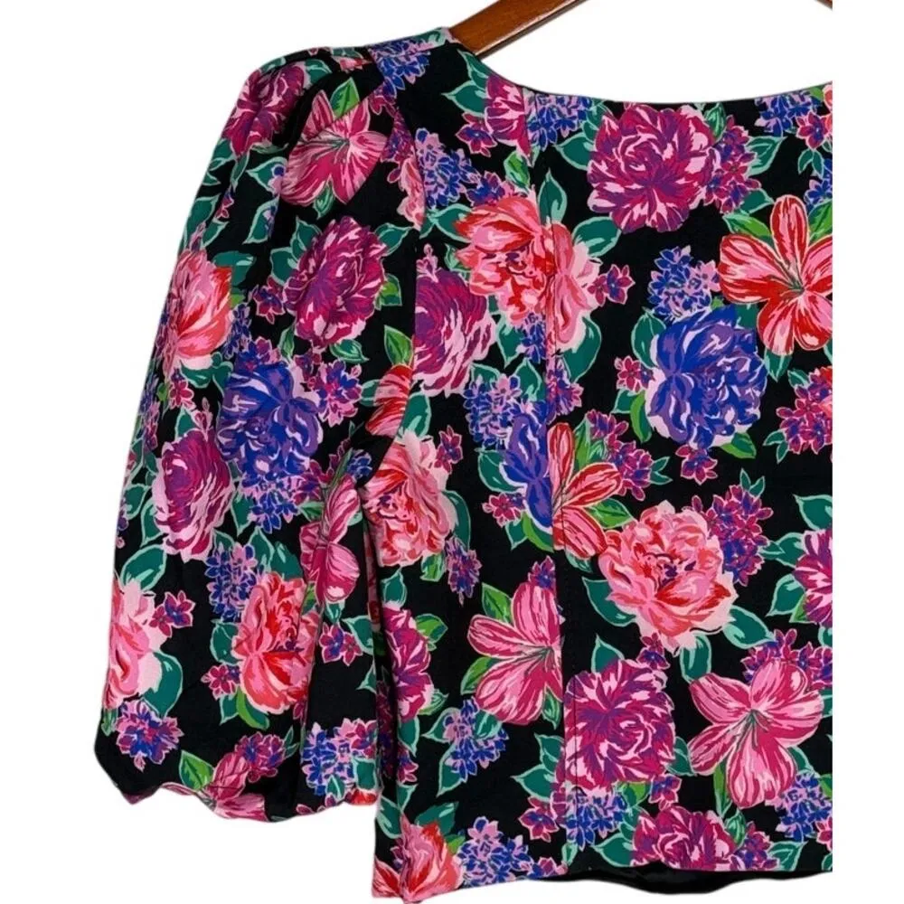 NWT ZARA Floral Cropped Top Plunging Neck Puff Half Sleeves S Black Pink Purple - Image 8