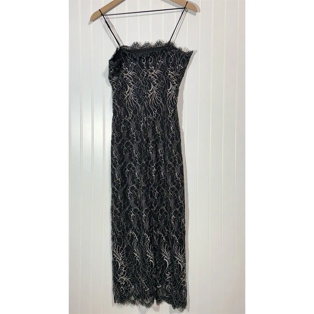 Poleci Black Metallic Lace Beaded Slip Dress Size 4 Cocktail Y2K Coquette Glam - Image 3