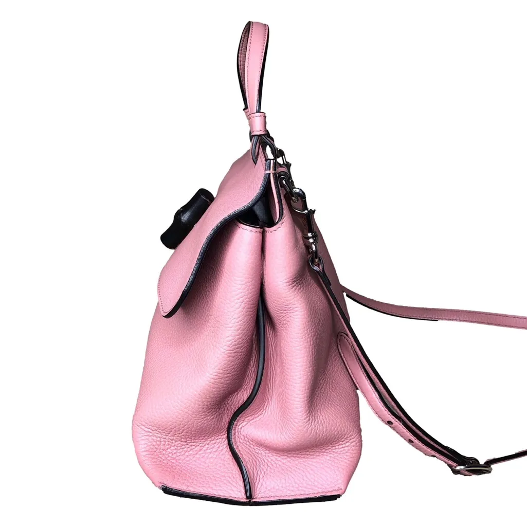 GUCCI Bamboo Turn-Lock Daily Hand Bag Pink Leather 2way Silver Hardware Auth - Image 6