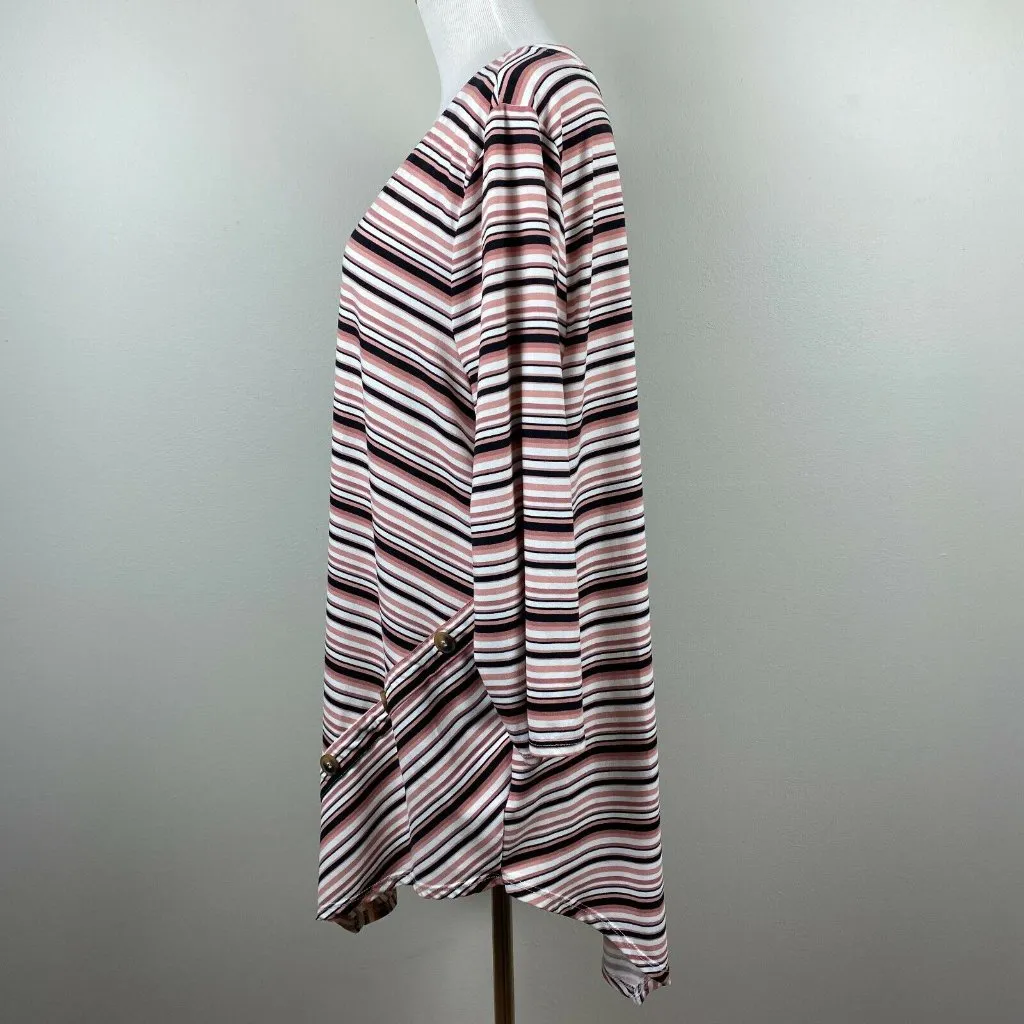 Como Blu Tunic Top Women 2X Stripe Asymmetrical Button Hem 3/4 Sleeve Multicolor Pink - Image 5