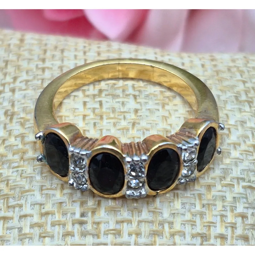 Gold Tone & Black & Clear Crystal Fashion Cocktail Ring Size 8.5 Band Style - Image 3