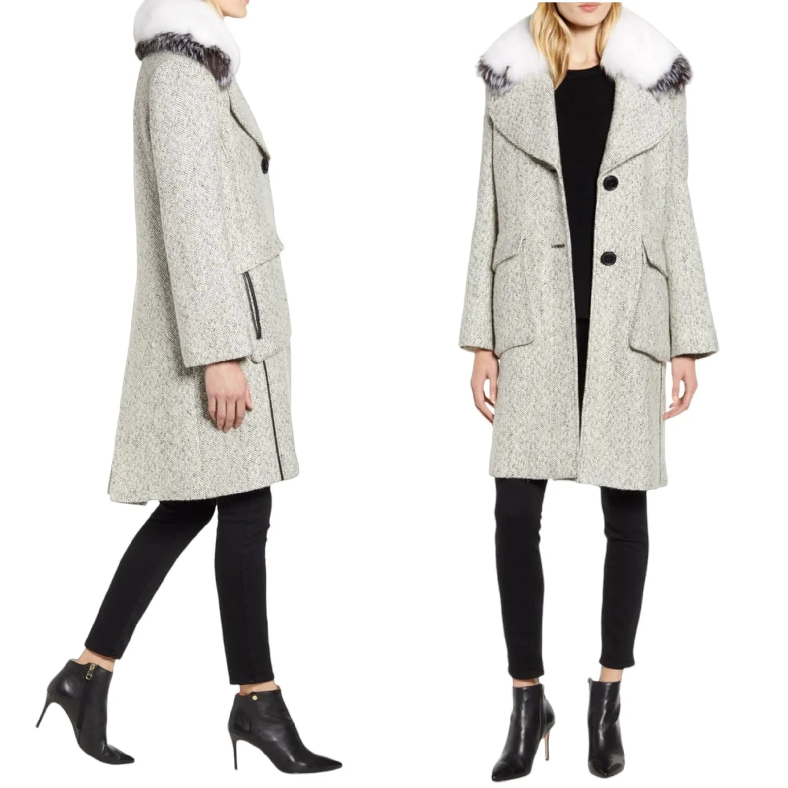 DEREK LAM 10 CROSBY Tweed Coat Wool Fur Collar Pockets White Black Designer 8 - Image 15