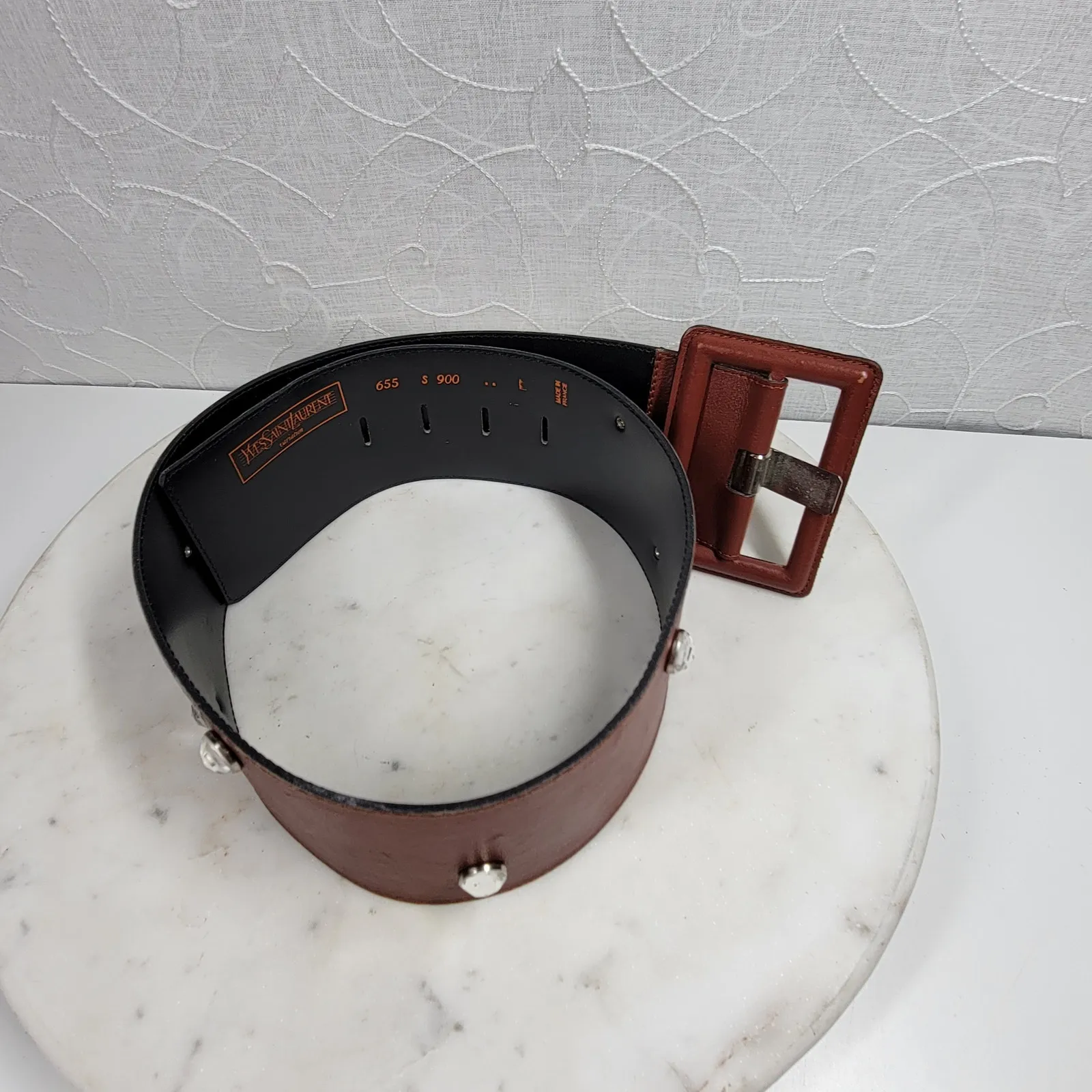 Vintage Yves Saint Laurent Wide Belt S Brown Leather‎ Buckle Rhinestone Rivets - Image 7