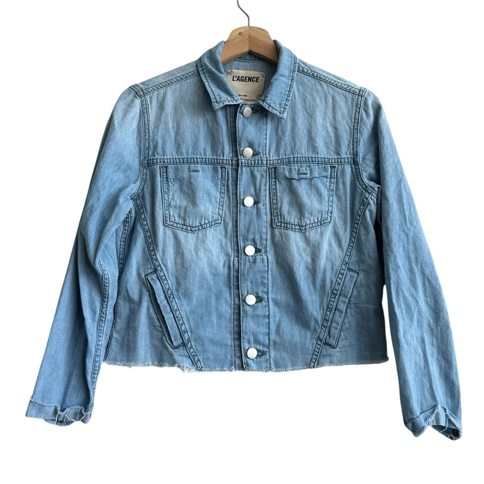 L’AGENCE Janelle Havana Blue Slim Raw Edge Denim Jacket Classic Women M - Image 2