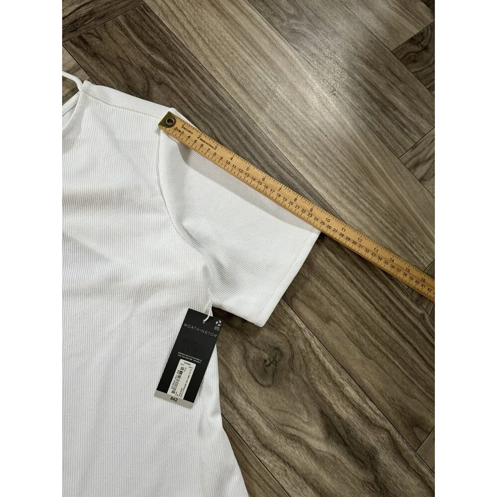 Worthington Women Top OX White Crop Cutout Twist Fitted Short Sleeve - Image 7