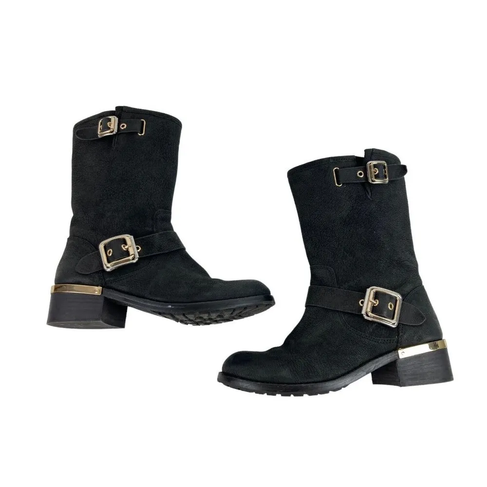 Vince Camuto Windy Black Leather Moto Boots Womens 7M Mid Calf Zip Biker Casual - Image 2