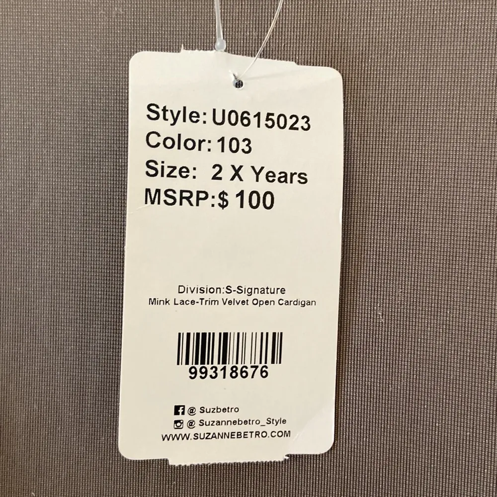 Suzanne Betro Brown Velvet Open Cardigan with Lace Trim two front pockets 2X - Image 4