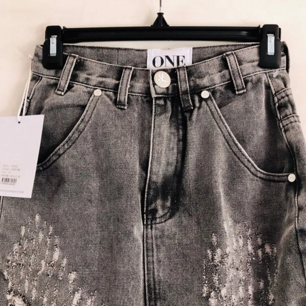 One Teaspoon Denim Skirt 23 NWT Phantome Cadillac Distressed Slit Gray Street - Image 6