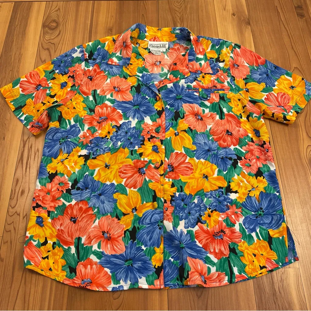 Christie & Jill Vintage 1980s Bold Tropical Floral Hawaiian Blouse Shirt Large Orange - Image 5