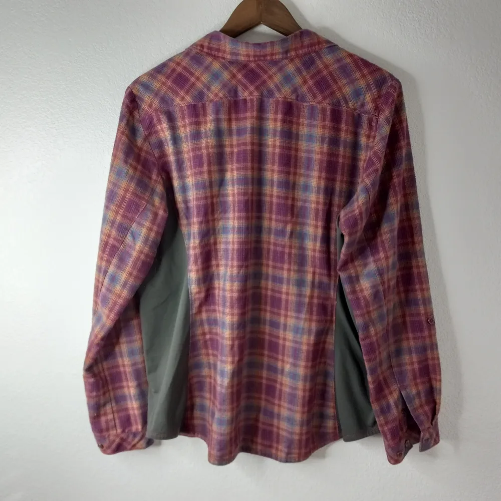 REI XL Womans Plaid Flannel Pocketed Button Down Shirt Top in Maroon Gray Red - Image 2