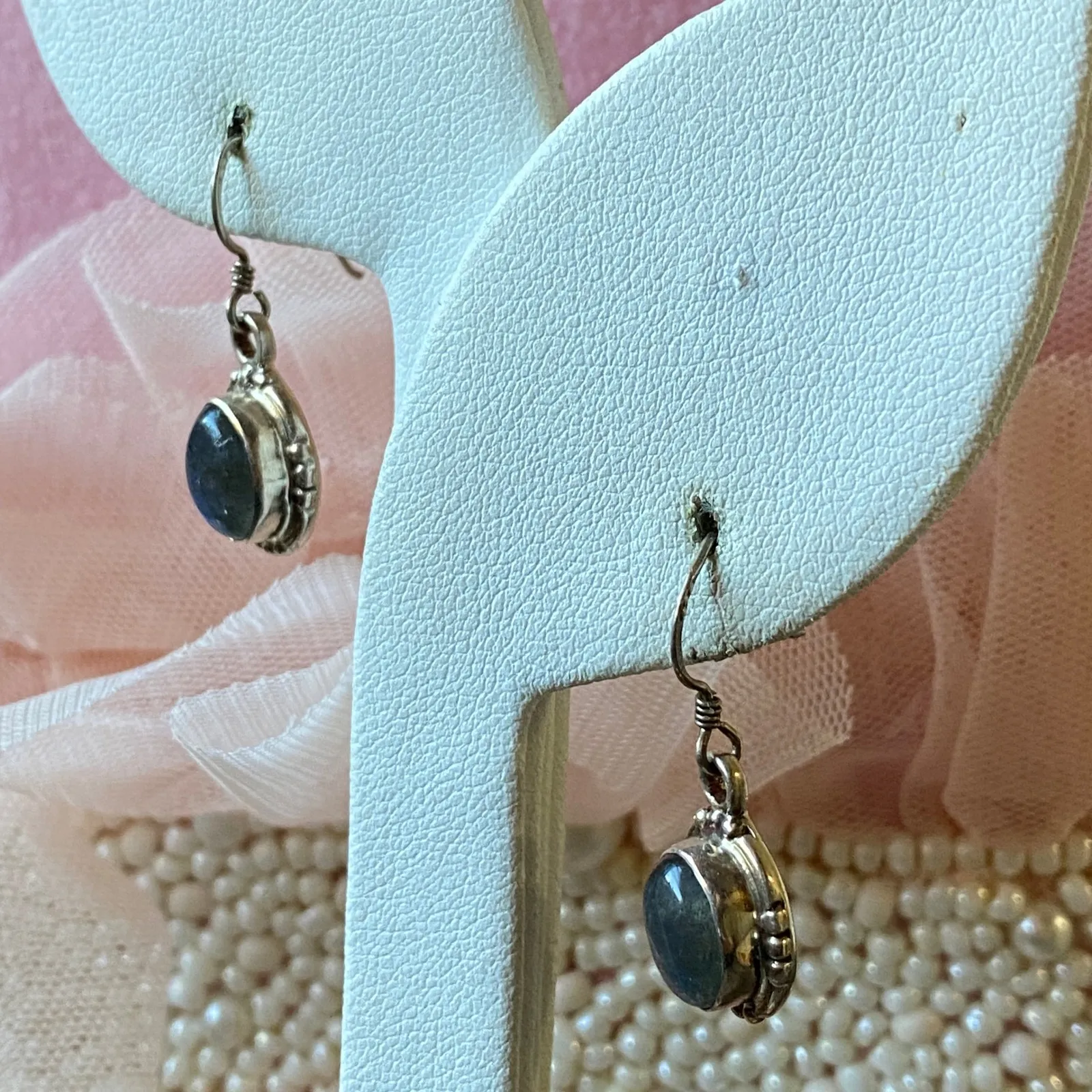 Sterling Silver Labradorite Dangle Earrings Oval Beaded Accent .925 - Image 3