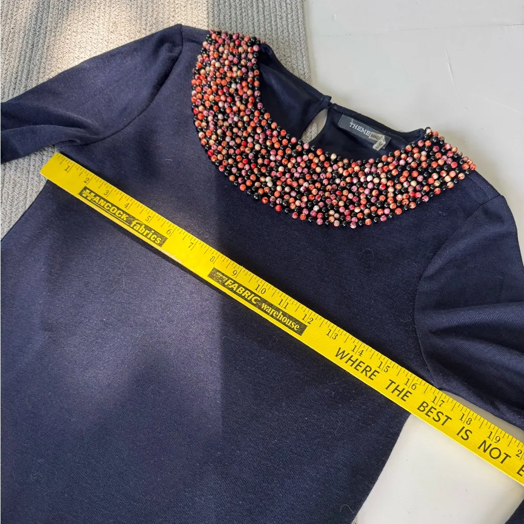 THEME Navy Blue Beaded Collar Flare Long Sleeve Knit A - Image 9