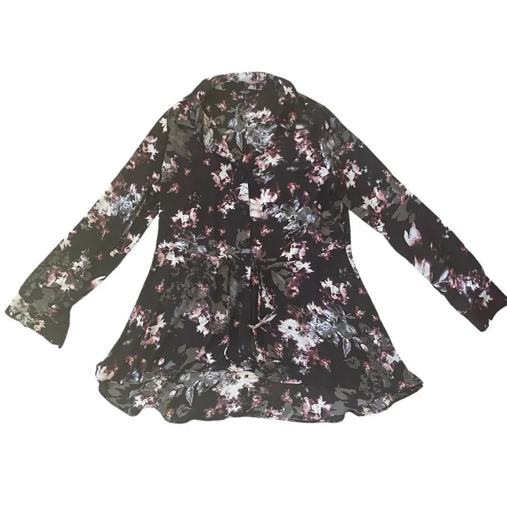 Simply Vera women's black floral sheer long sleeve collared button down blouse - Image 9
