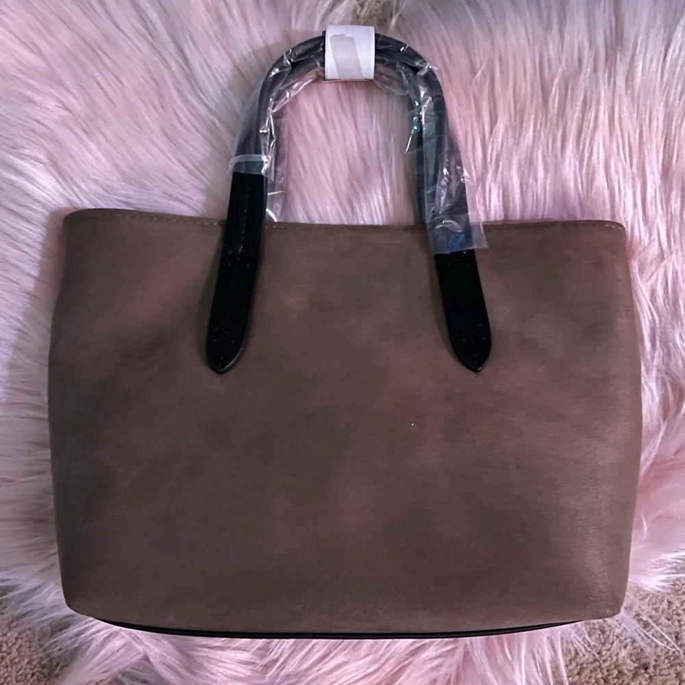 Neiman Marcus Mini Faux Suede Taupe Crossbody Tote Bag - Image 9