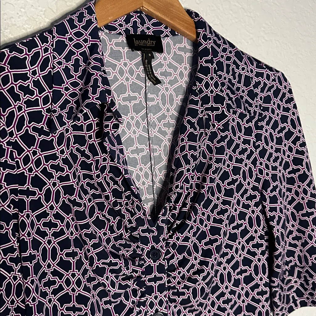 Laundry Shelli Segal Geo Shirt Dress Navy White Casual Brunch Stretch Size 8 - Image 4