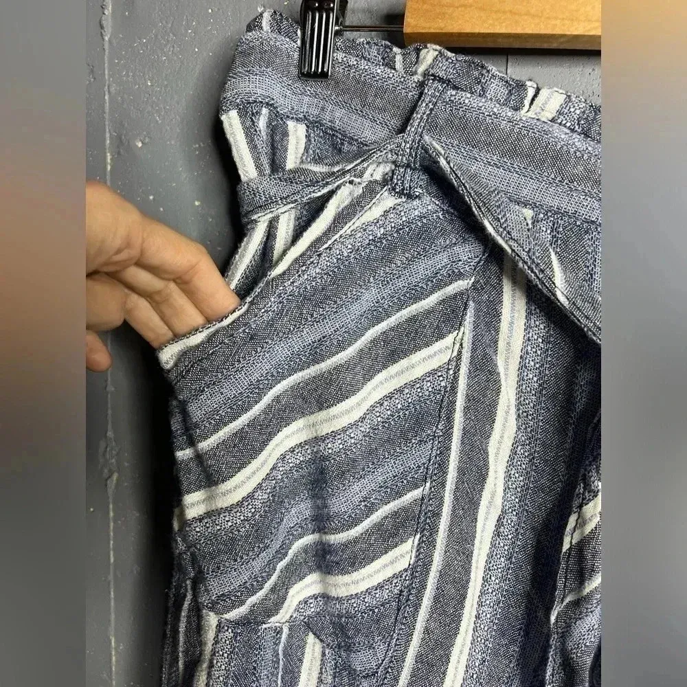 Democracy Navy White Stripe Linen Crop Paper Bag Waist High Rise Pant - Image 3