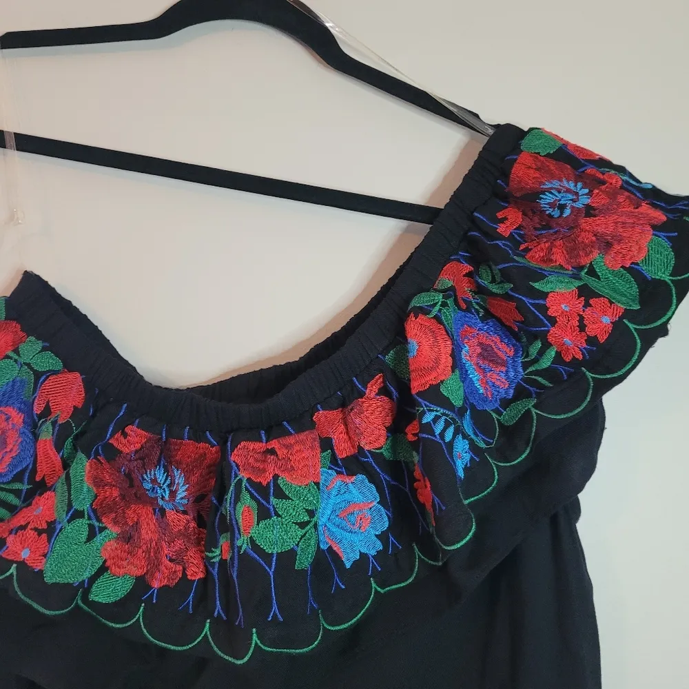 Umgee Black Floral Embroidered One Shoulder Dress NWT - Image 2