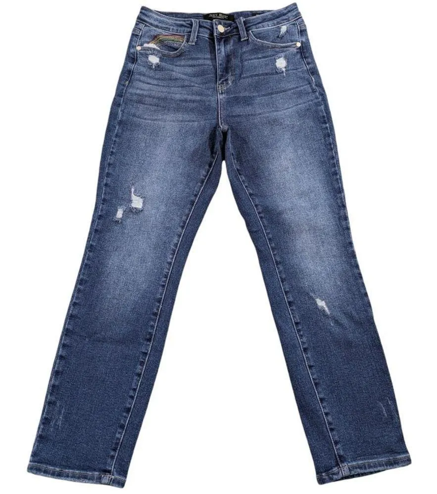 Distressed High Rise Straight Rainbow Stitch GUC Size 5/27 J1298 - Image 4