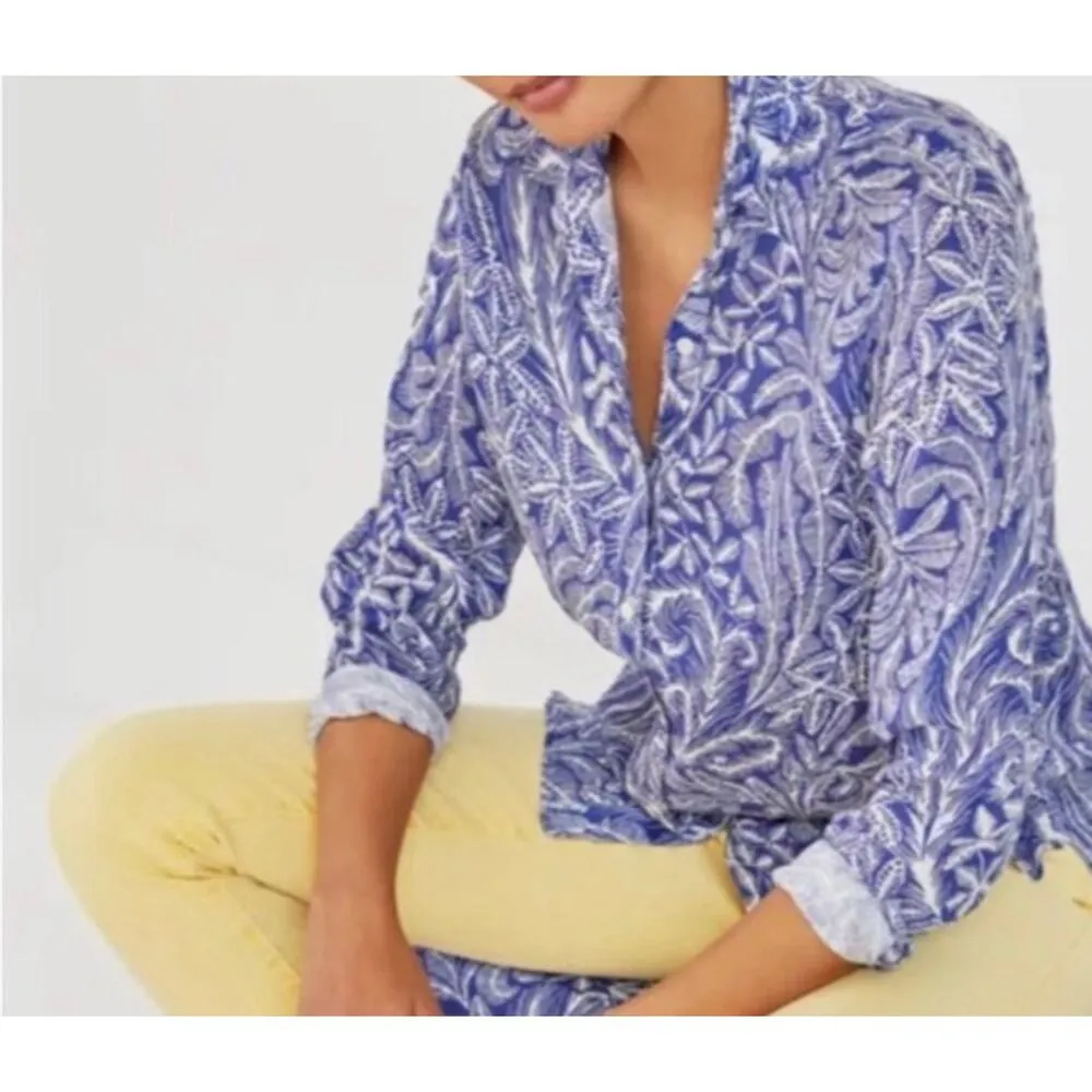 J Mclaughlin 100% Linen Button Up Shirt Britt Blouse Navy Blue White Size XS - Image 10