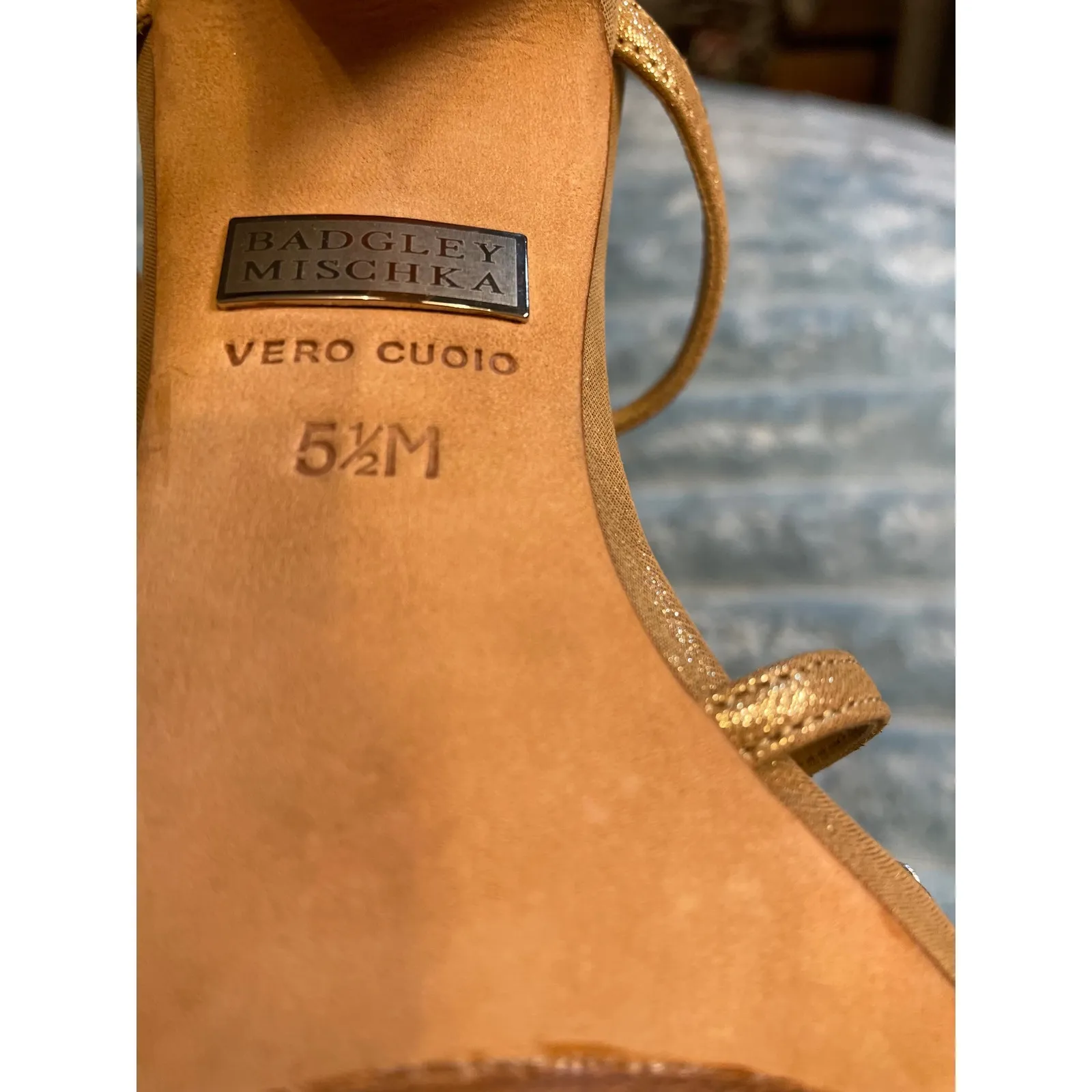 Badgley Mischka Gold Metallic Heels Stiletto Bow Mesh Ankle Strap Sandals 5.5M - Image 6