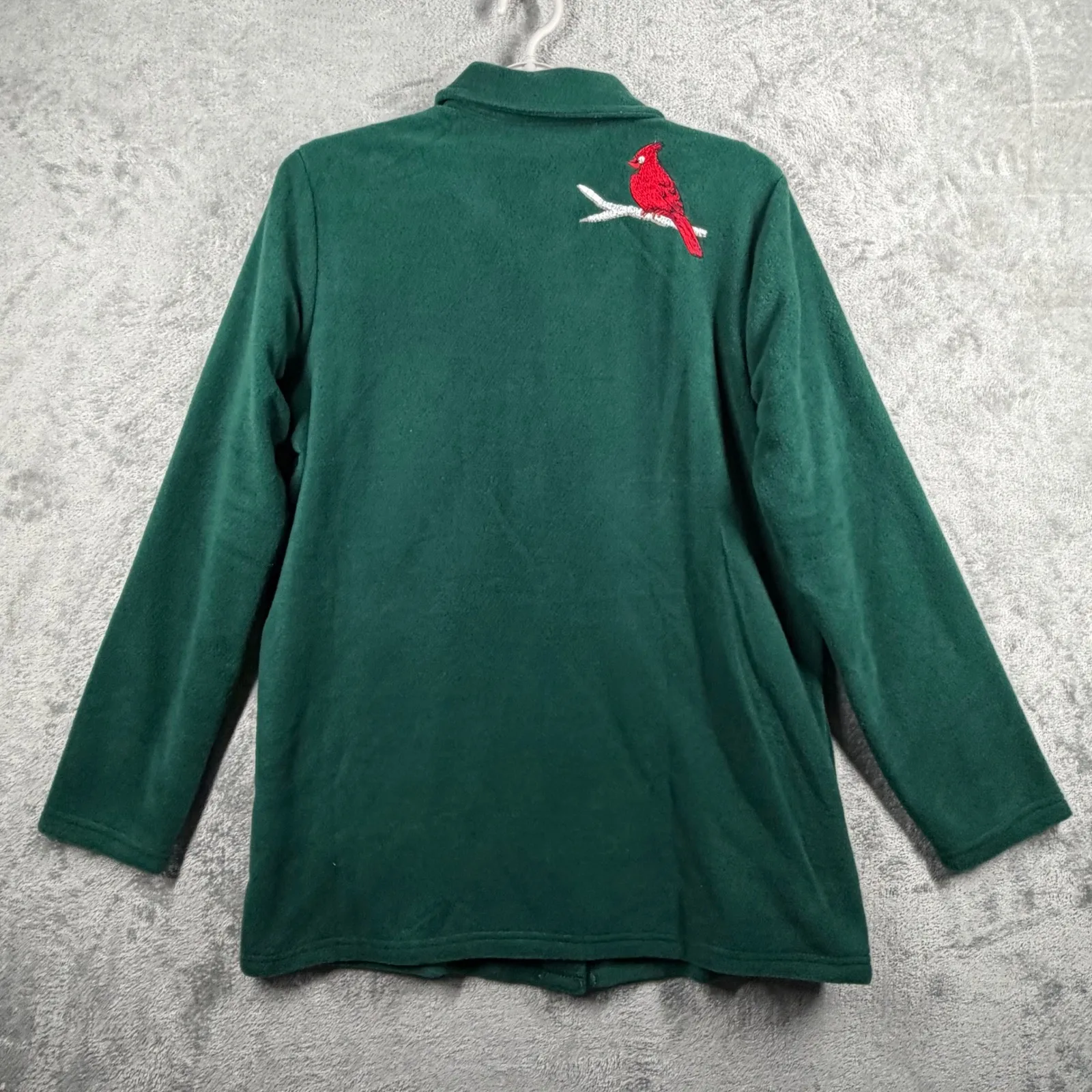 Quacker Factory Shirt S Green Cardinal Fleece Snowflakes Cozy Holiday Christmas - Image 3