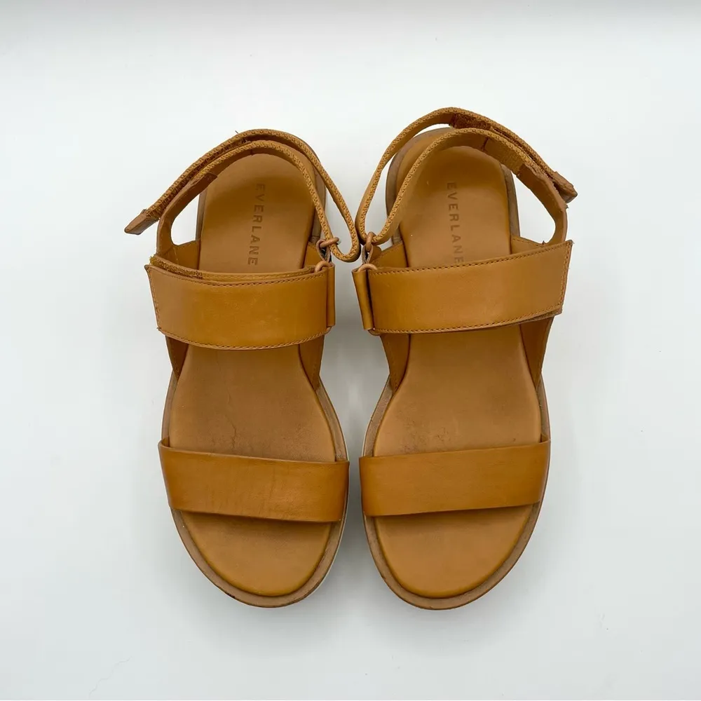 Everlane The Leather Platform Sandal Golden Brown Tan Ankle Strap White Velcro 6 - Image 8