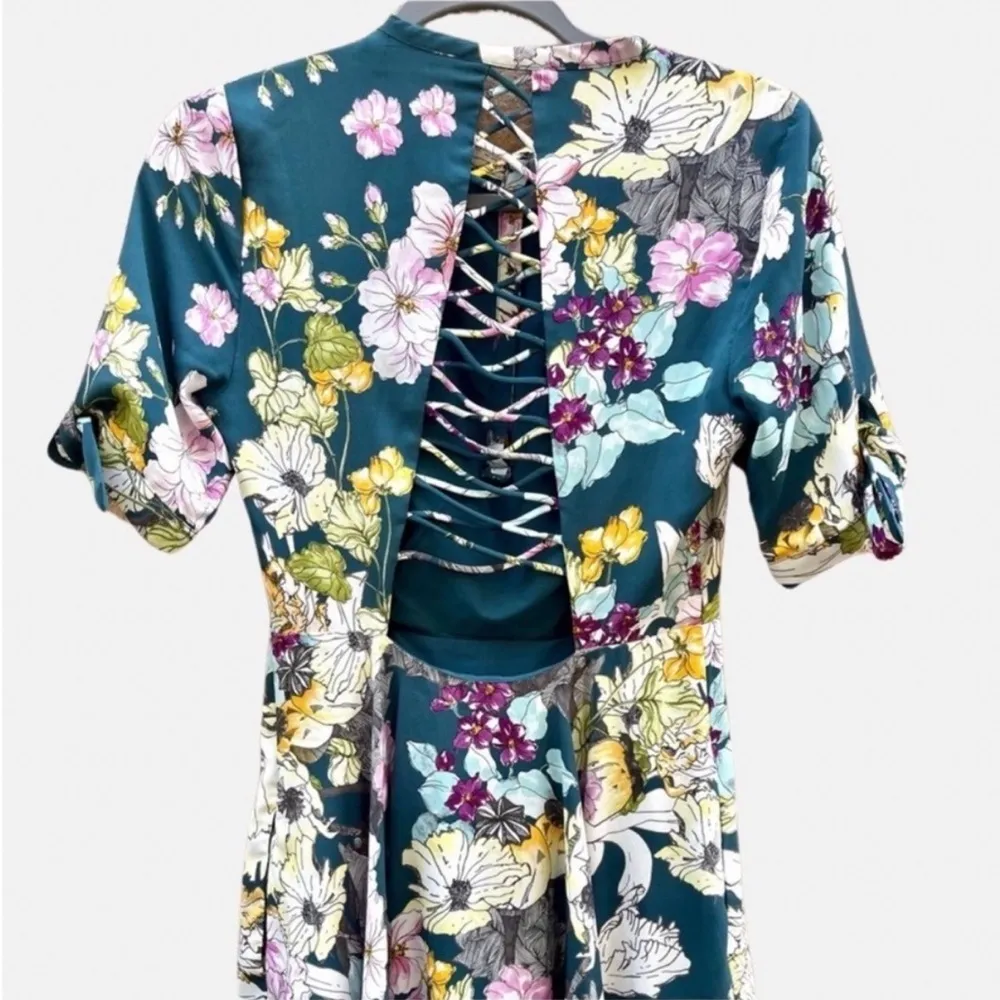 Aliyah Lace-Up Dress Floral Womens S Small Teal Turqoise - Image 13