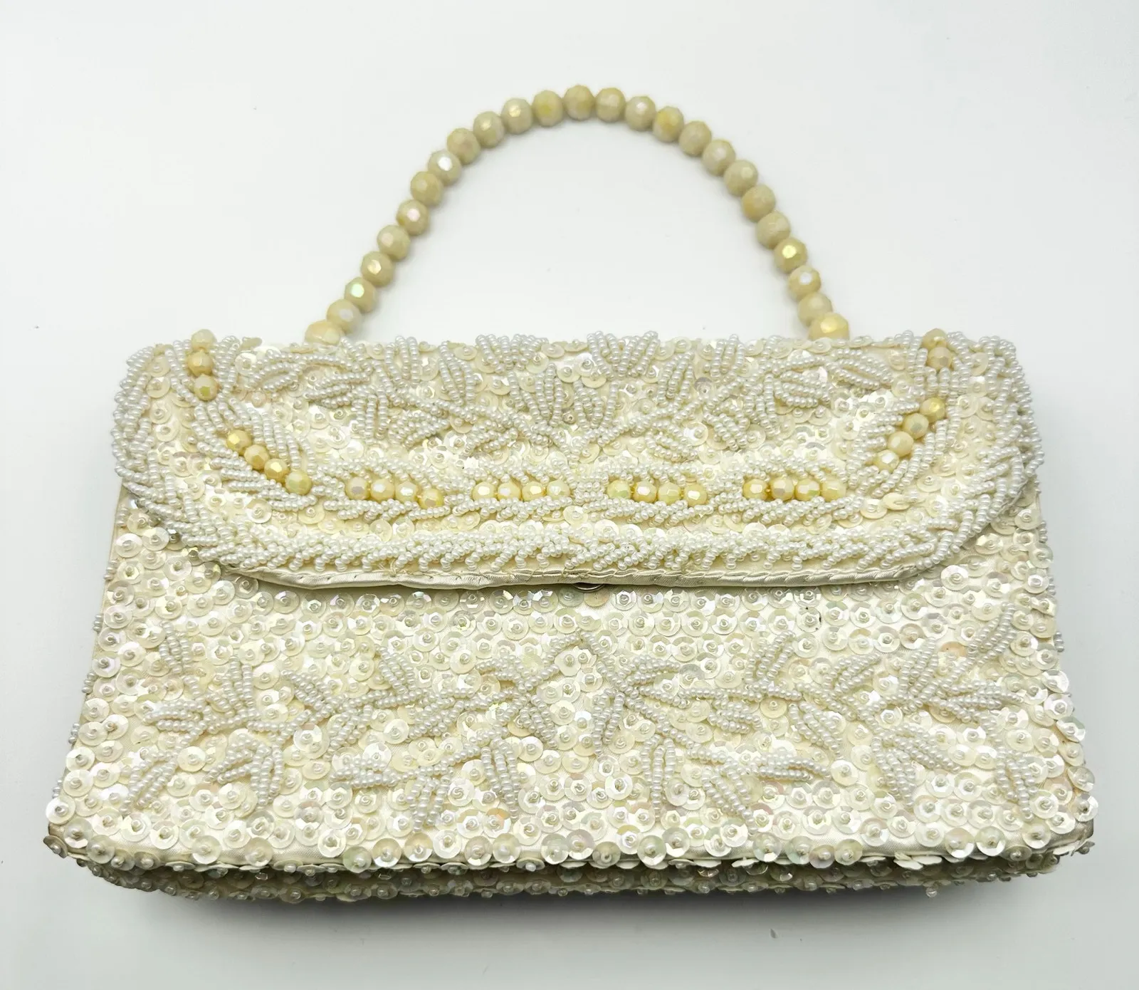 Vintage Ivory Silk Bead Sequin Double Flap Evening Top Handle Bag Hong Kong - Image 1