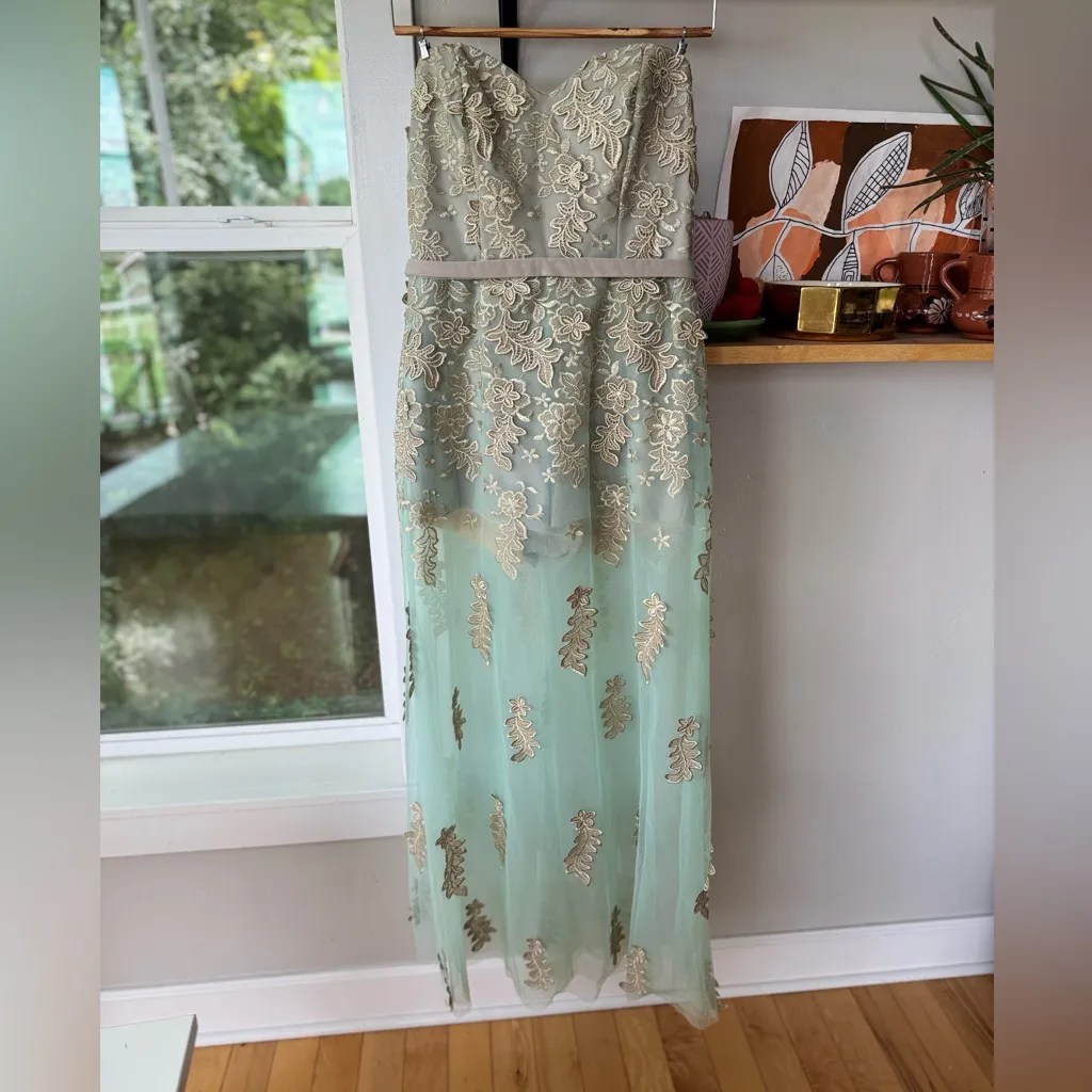 Crystal Doll Sea Green Gold Sheer Mesh Strapless Dress with Shorts Sz 9 - Image 13