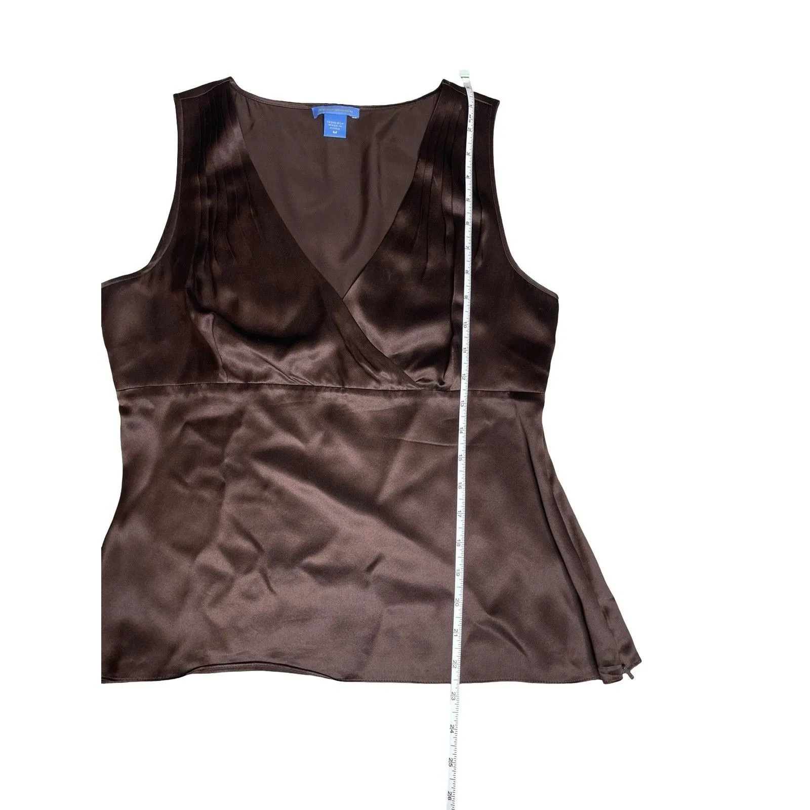 WHITE AND WARREN Medium Silk Top Brown Blouse Tank Babydoll Quiet Luxury V Neck - Image 5