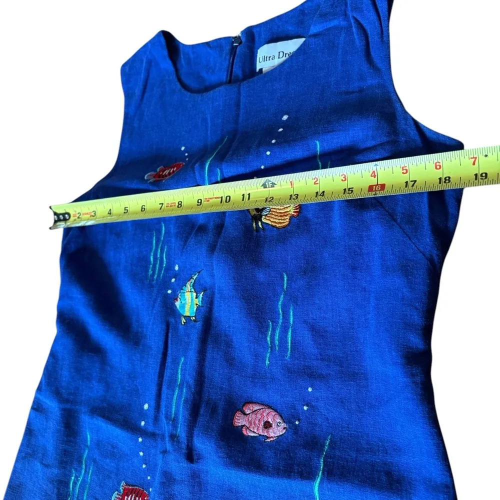 Ultra Dress Linen Sleeveless Mini Dress With Embroidered Fish Womens 12 Blue - Image 11