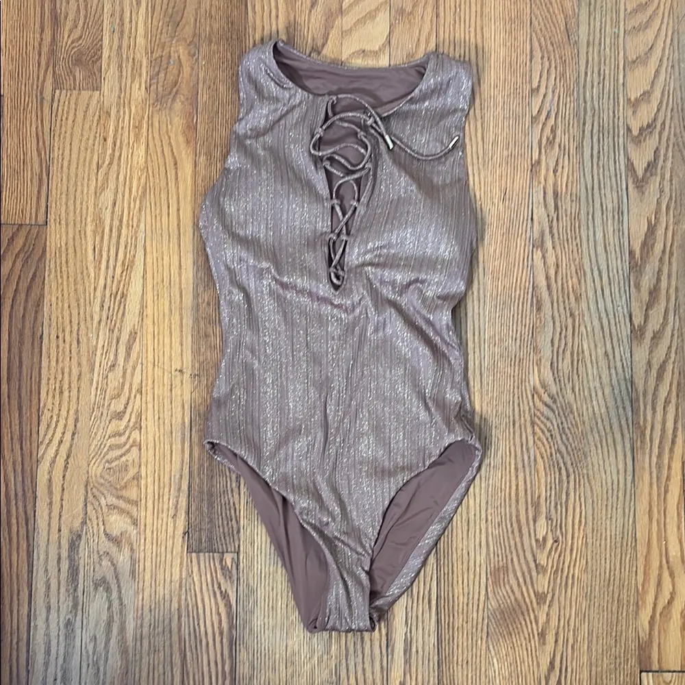 Andie Swim Oahu Lace-Up One-Piece Swimsuit sparkle Latte‎ size S NWT - Image 2