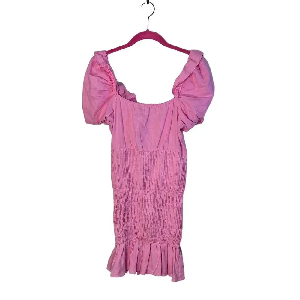 Zara Women's XS Pink Ruffle Smocked Bodice Mini Dress Bubble Sleeve - Image 2