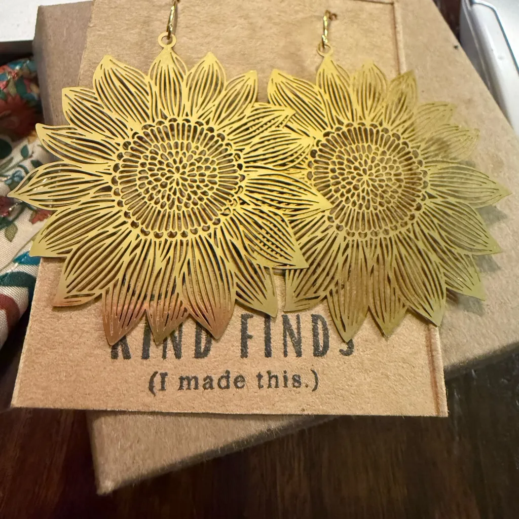 Handmade Sunflower Earrings Gold Cutout Boho Festival Statement Jewelry - Image 3