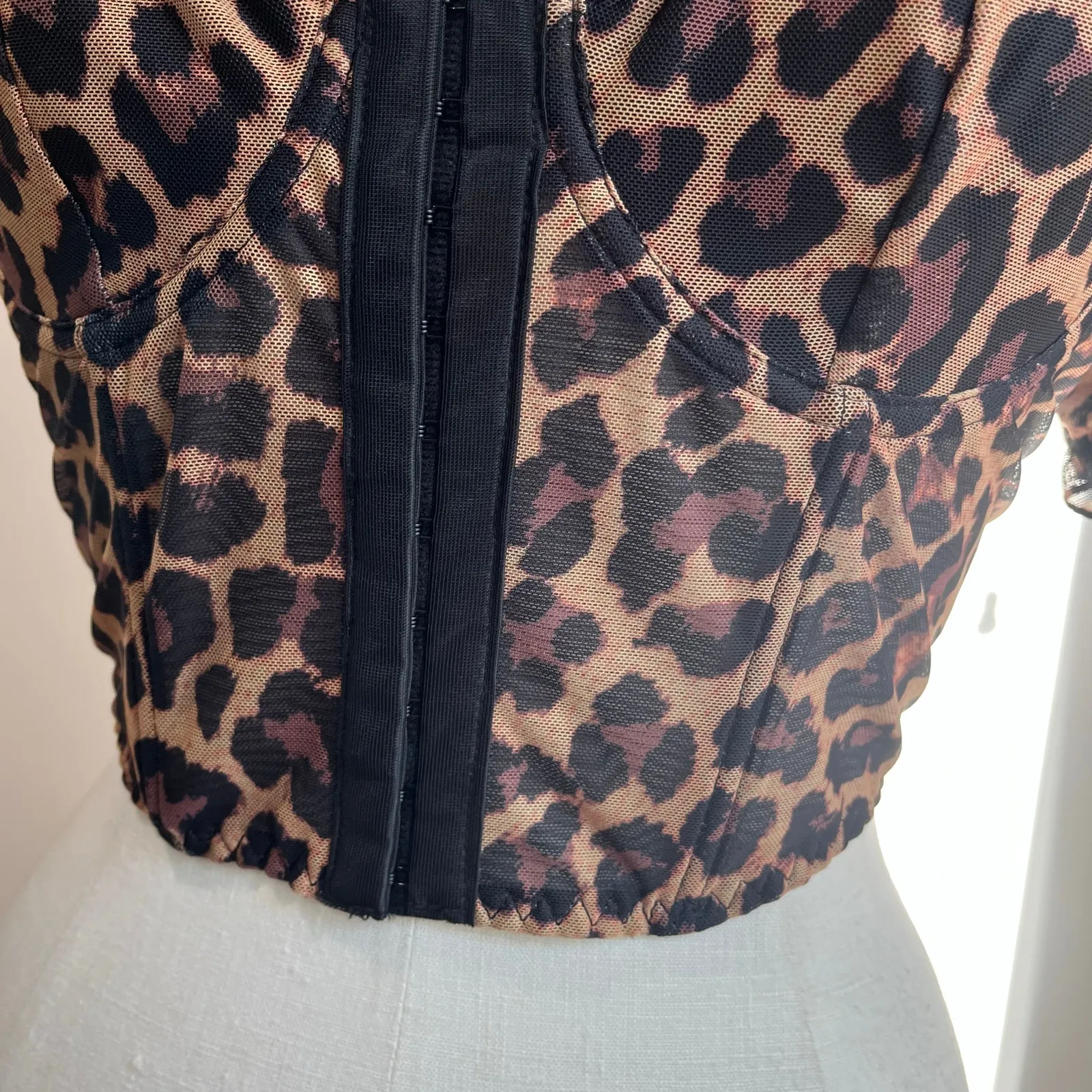 Leopard Print Front Closure Push Up Bustier Corsets Short Sleeve Top Sz S - Image 9