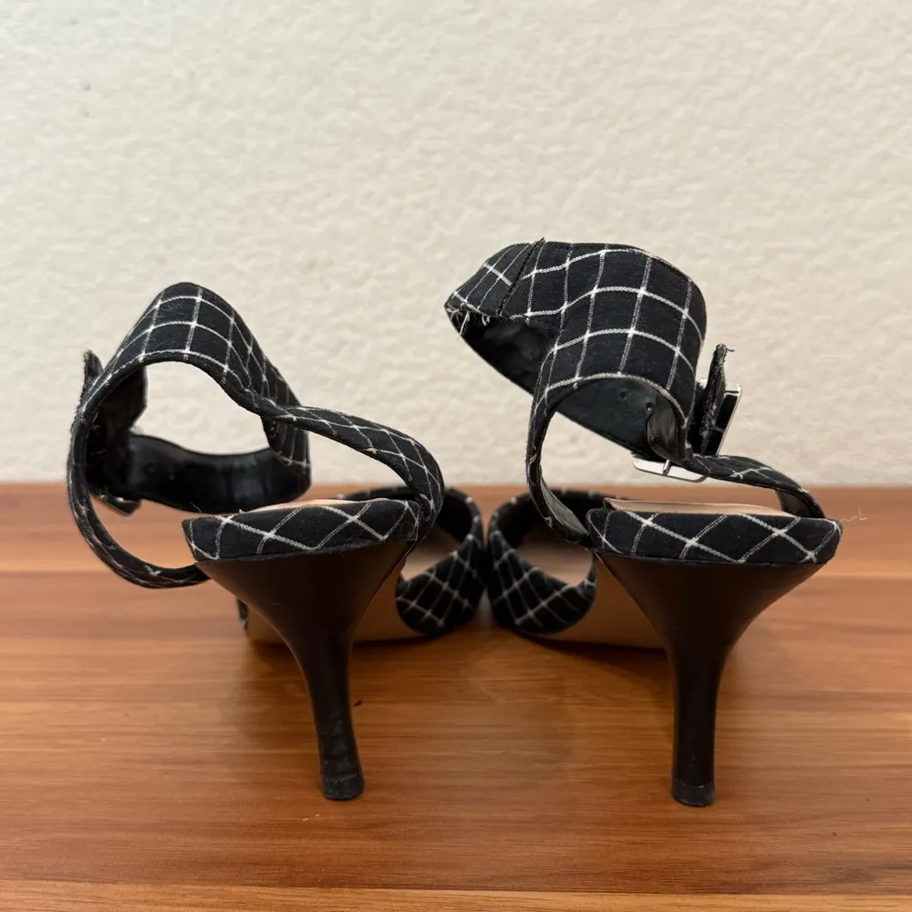 SOLE SOCIETY Olyvia Midnight Blue Grid Pointed Toe Ankle Strap Kitten Pumps Sz 6 - Image 5