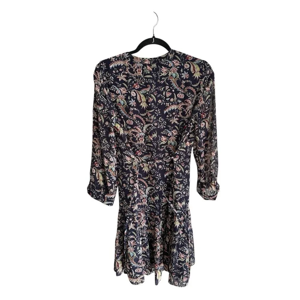 Rose & Olive Women's Black Floral Chiffon Tie Waist Boho Dress 3/4 Sleeve Sz. M - Image 2