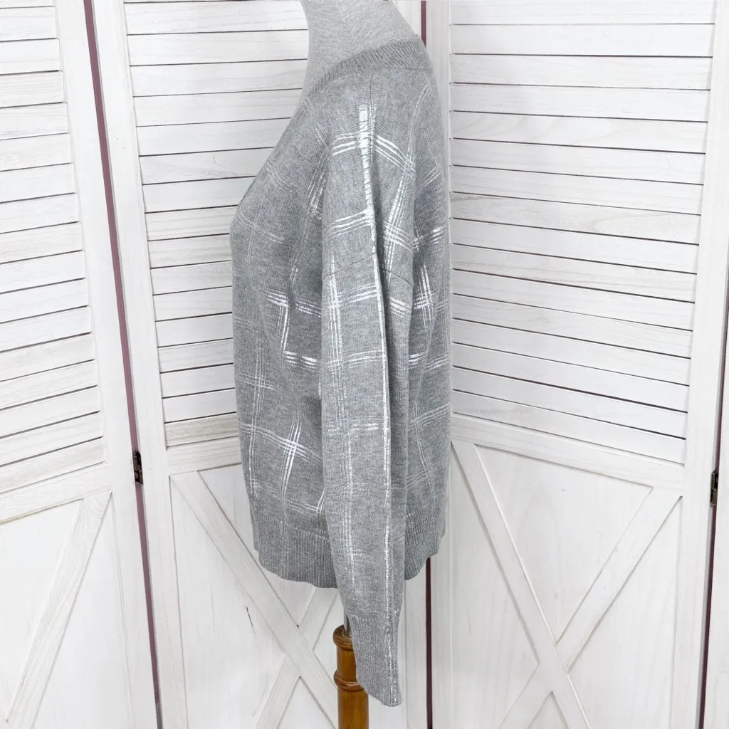 Calvin Klein Metallic Silver Windowpane Plaid V Neck Sweater Grey Medium - Image 3
