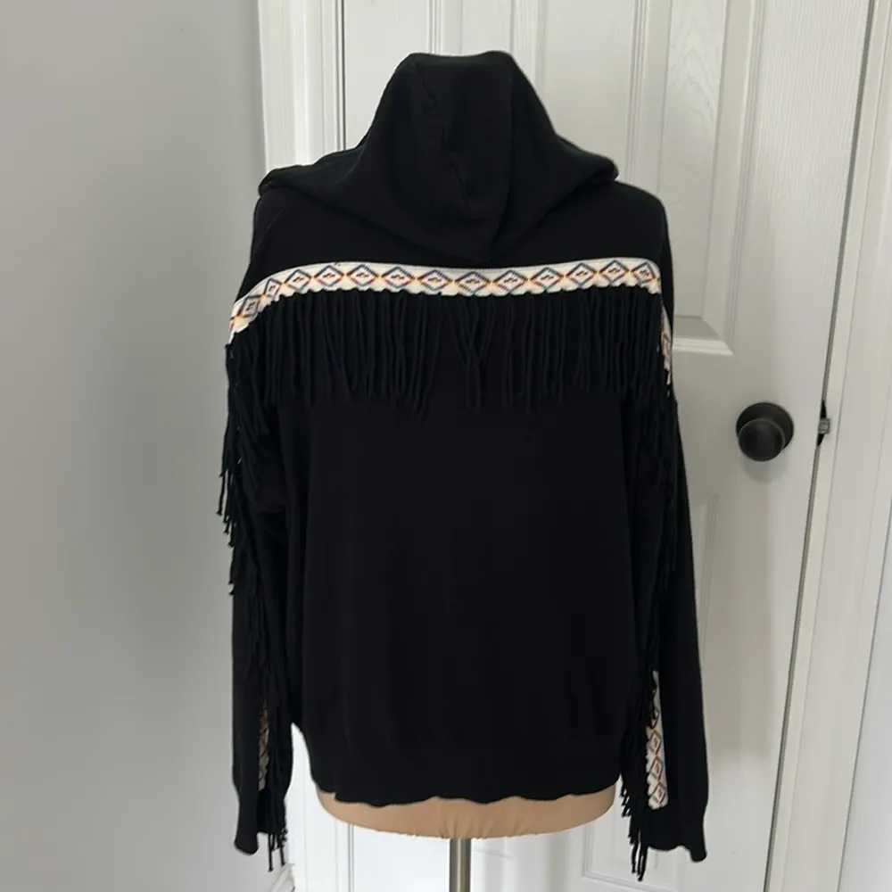 Minnie Rose Western Fringe Full Zip Hooded Cardigan Black Tan Size L - Image 6