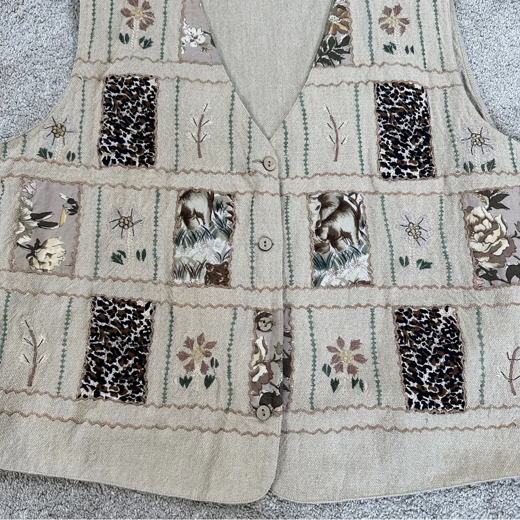 Tantrums Vintage Floral Embroidered Safari Patchwork Woven Cotton Vest in Tan 1X Brown - Image 3