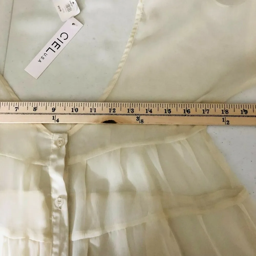 Ciel Womens Top Blouse Sheer Lace Oversized Tiered Button Front Ivory V Neck S - Image 6