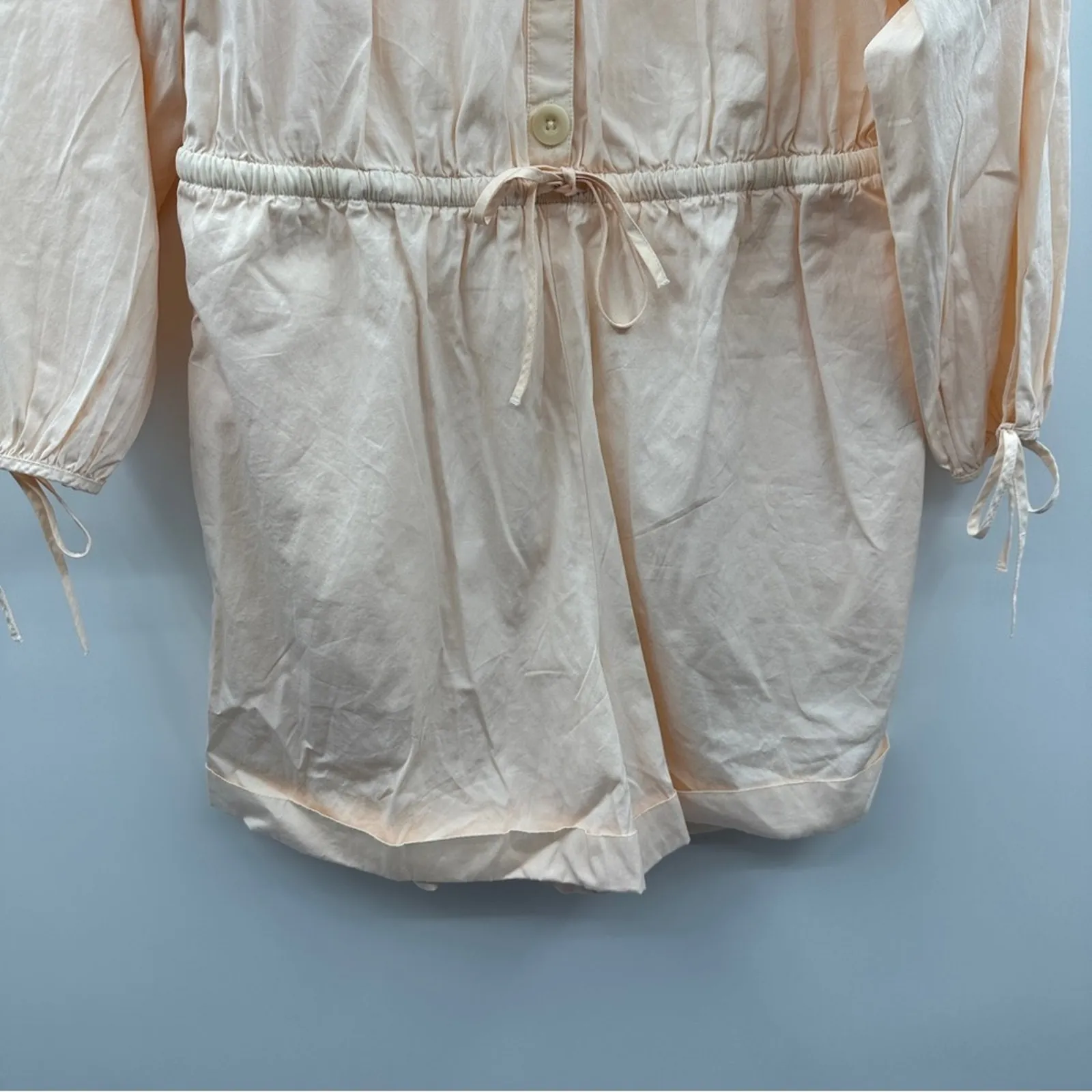 J. Crew Cotton Poplin Tie-Sleeve Button-Front Romper in Palest Peach‎ Sz L - Image 5