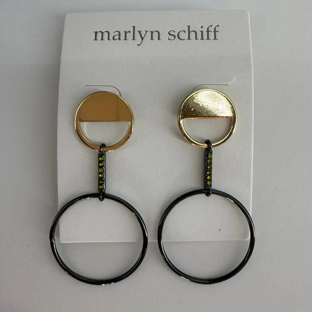 Marlyn Schiff Gold Black Geometric Hoop Earrings Lime Gems 2 Inch New - Image 3