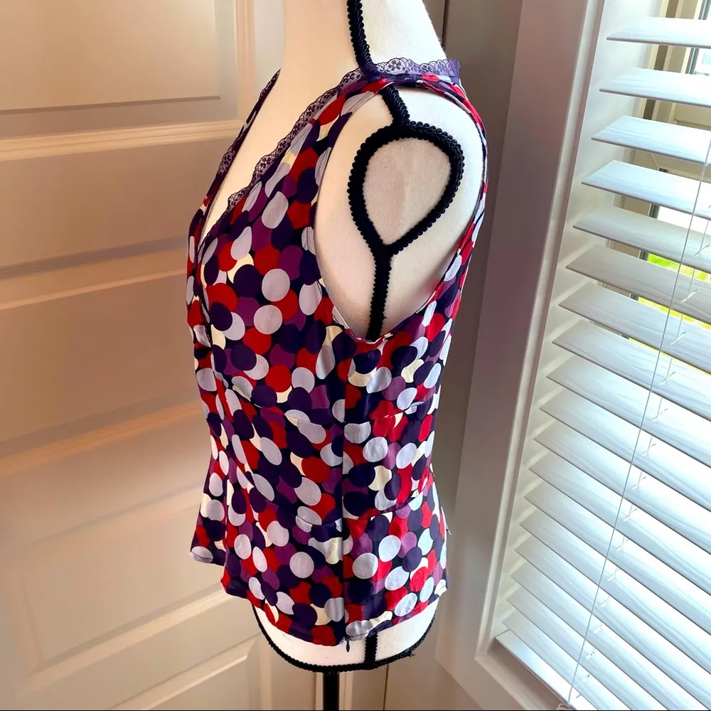 Kenneth Cole|| Multi color polka dot print silk blouse with lace trim/back slit - Image 4