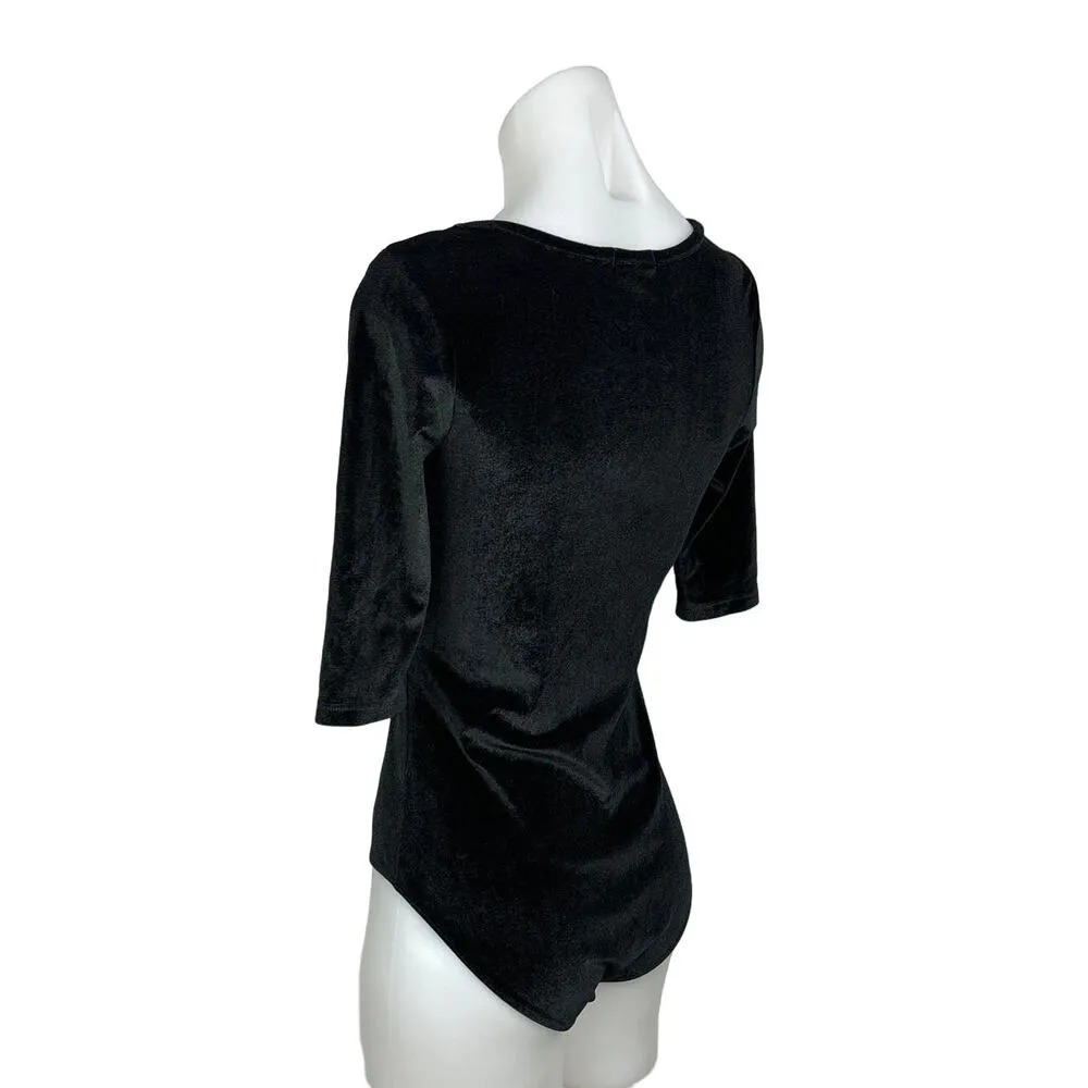 Heart & Hips Womens Black Velvet Velour Square Neck Half Sleeve Bodysuit Top S - Image 2
